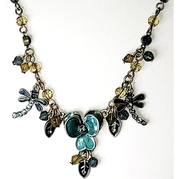 Pewter Tone Dragonfly Enamel Rhinestone Necklace Fashion Statement Jewelry CT217 - Picture 5 of 8